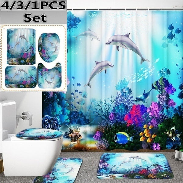 Dolphin Bathroom Rug Set Shower Curtain Non Slip Toilet Lid Cover Bath Mat Dolphin Bathroom Rug Set Shower Curtain Non Slip Toilet Lid Cover Bath Mat